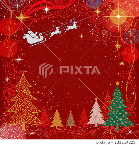 サンタのそりとクリスマスツリーの赤い抽象背景イラスト サンタのそりとクリスマスツリーの赤い抽象背景イラスト 132114829