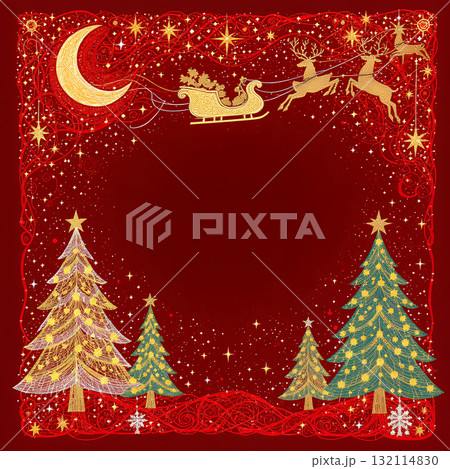金色のサンタのそりとクリスマスツリーの赤い抽象背景イラスト 金色のサンタのそりとクリスマスツリーの赤い抽象背景イラスト 132114830