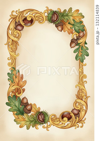 秋のドングリと栗の装飾フレーム 132114839