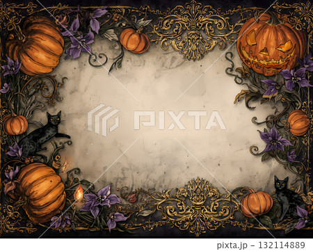 ハロウィンのパンプキンと黒猫のヴィンテージ装飾フレーム ハロウィンのパンプキンと黒猫のヴィンテージ装飾フレーム 132114889
