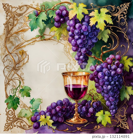 ブドウとワイングラスのヴィンテージ装飾フレーム ブドウとワイングラスのヴィンテージ装飾フレーム 132114891