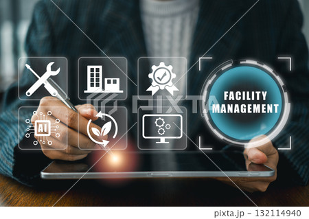 Illustration of facility management with digital icons showcasing maintenance, sustainability, and technology on a virtual screen. Illustration of facility management with digital icons showcasing maintenance, sustainability, and technology on a virtual screen. 132114940