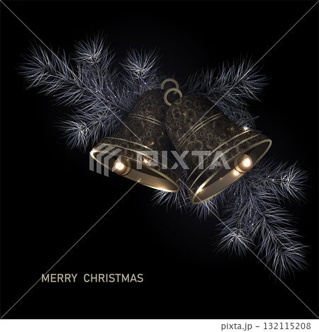 Merry Christmas. Isolated white garland with a textured bronze bell 132115208