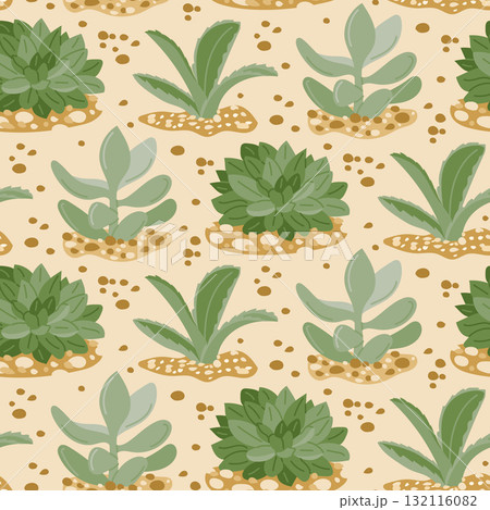 Hand drawn vector seamless pattern with succulents and desert sand background 132116082
