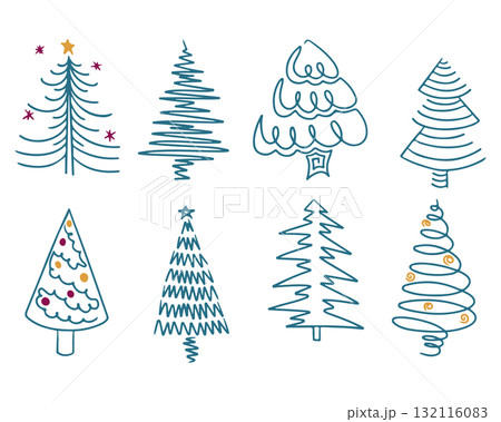 Hand drawn vector set of stylized Christmas trees with simple doodle lines and minimal decorations 132116083