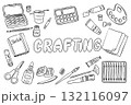 Hand drawn vector illustration of crafting tools and art supplies arranged around the word crafting in bold letters 132116097