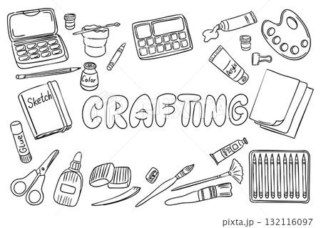 Hand drawn vector illustration of crafting tools and art supplies arranged around the word crafting in bold letters 132116097
