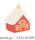 Hand drawn vector illustration of a red house ornament with a white roof and heart decoration 132116100