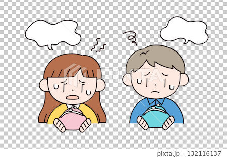 Illustration of a man and a woman looking anxiously at their wallets 132116137