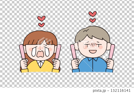Illustration of two men and women holding penlights and supporting their favorite idols 132116141