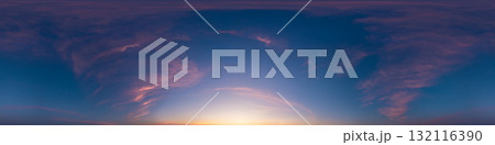 Sunset sky with bright glowing pink Cirrus clouds. Seamless spherical HDR 360 panorama. Full zenith or sky dome in 3D, sky replacement for aerial drone panoramas. Climate and weather change. 132116390