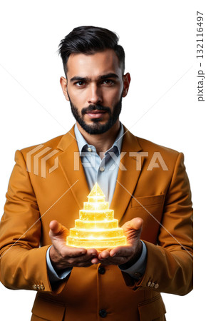 A determined male leader in rust-gold linen, with his hands glowing as they lift a translucent pyramid of customer trust-symbolizing 132116497