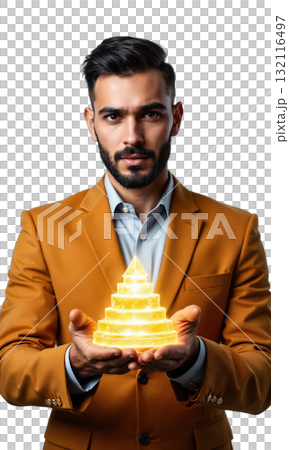 A determined male leader in rust-gold linen, with his hands glowing as they lift a translucent pyramid of customer trust-symbolizing 132116497
