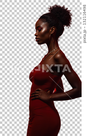 A Black female entrepreneur in radiant crimson, her stance powerful and poised, surrounded by glowing projections of corporate success, symbolizing A Black female entrepreneur in radiant crimson, her stance powerful and poised, surrounded by glowing projections of corporate success, symbolizing 132116498