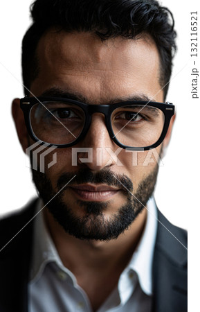 Middle Eastern male with shaved sides and full beard, wearing thick industrial black glasses, his calm expression shadowed by crescent 132116521
