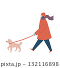犬の散歩をする冬服を着た女性 132116898