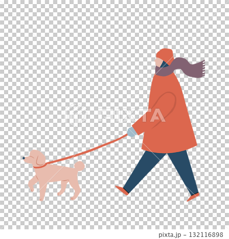 一名身穿冬裝的女子遛狗 一名身穿冬裝的女子遛狗 132116898