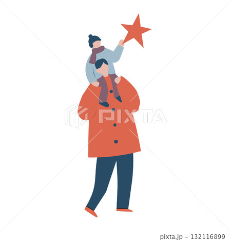 お父さんに肩車されて星をつかむ子ども 132116899
