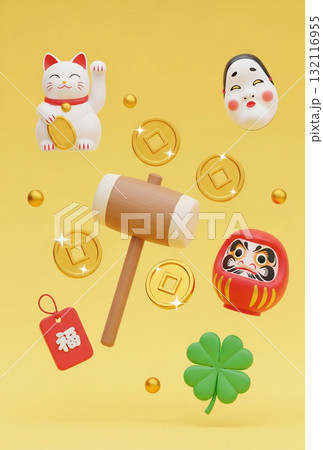 【はがき用】金色の打ち出の小槌と小判イラスト 132116955