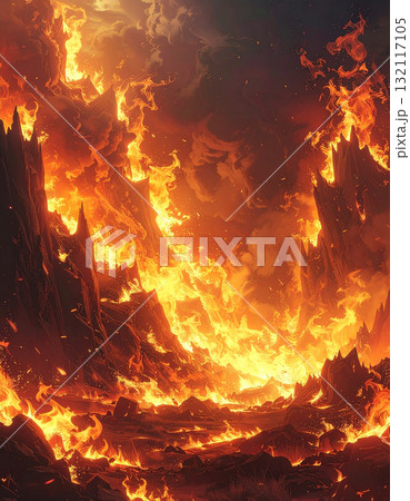 終末の炎に焼かれる世界と灼熱の地獄の風景 132117105
