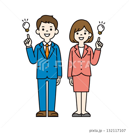いいアイデアが閃いた、若い会社員の男性と女性の全身ベクターイラスト素材セット＿カラー 132117107