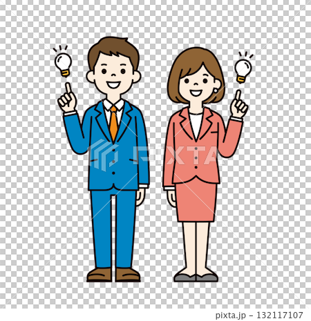 いいアイデアが閃いた、若い会社員の男性と女性の全身ベクターイラスト素材セット＿カラー 132117107