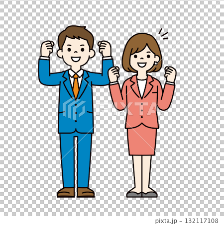 Full-body vector illustration set of young men and women in suits smiling and making a fist pump_Color 132117108