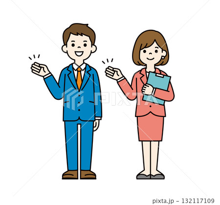 手を添えて案内する、若いビジネスマンの男性と女性の全身ベクターイラスト素材セット_カラー 手を添えて案内する、若いビジネスマンの男性と女性の全身ベクターイラスト素材セット_カラー 132117109
