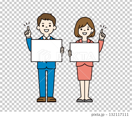 フリップを持って説明する、スーツを着た若い男女の全身ベクターイラスト素材セット＿カラー 132117111