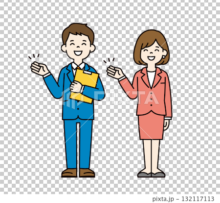 Full-body vector illustration set of young male and female office workers holding documents and introducing them_Color 132117113