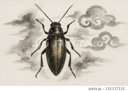 Jewel Beetle in Ink Style｜玉虫の水墨画風イラスト 132117132