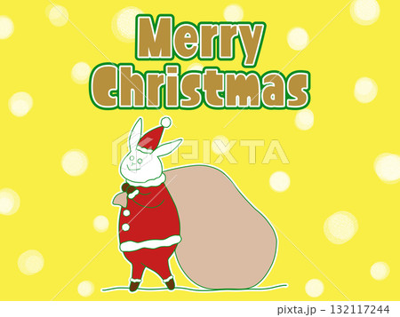 サンタの格好をしたウサギのクリスマスイラスト　雪あり黄色背景 132117244