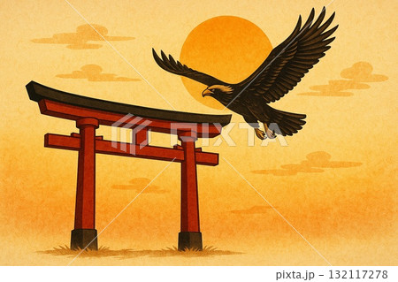 Torii and Soaring Eagle｜鳥居と飛翔する鷲 132117278