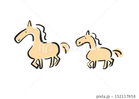 墨絵の歩くかわいい二頭の馬の親子 2026 正月素材 墨絵の歩くかわいい二頭の馬の親子 2026 正月素材 132117658