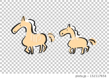 墨絵の歩くかわいい二頭の馬の親子 2026 正月素材 墨絵の歩くかわいい二頭の馬の親子 2026 正月素材 132117658