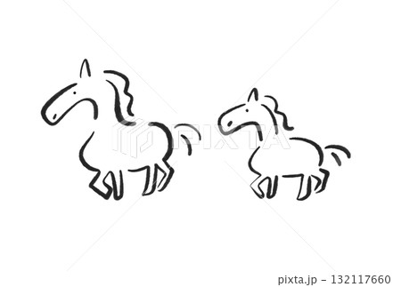 墨絵の歩くかわいい二頭の馬の親子　2026 正月素材・モノクロ 132117660
