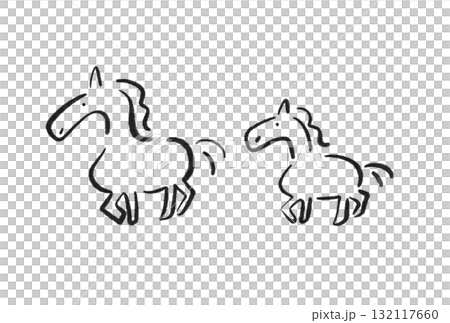 墨絵の歩くかわいい二頭の馬の親子　2026 正月素材・モノクロ 132117660