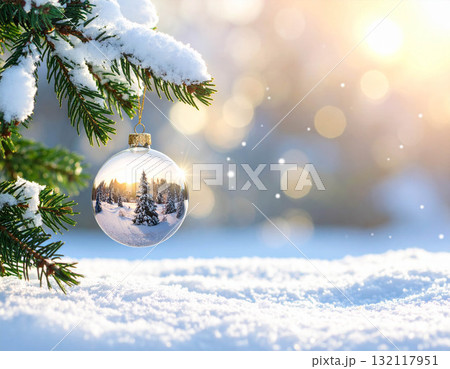 【クリスマス素材】キラキラ玉ボケとクリスマスツリーの装飾 132117951