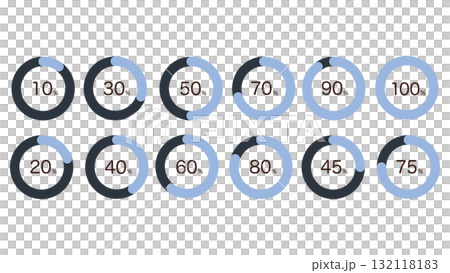 A set of pie chart illustrations showing progress 132118183