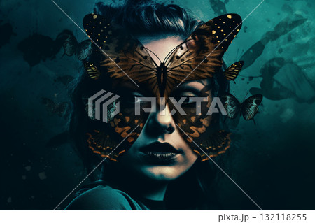Woman with colorful moth butterfly wings mask. Generative AI Woman with colorful moth butterfly wings mask. Generative AI 132118255