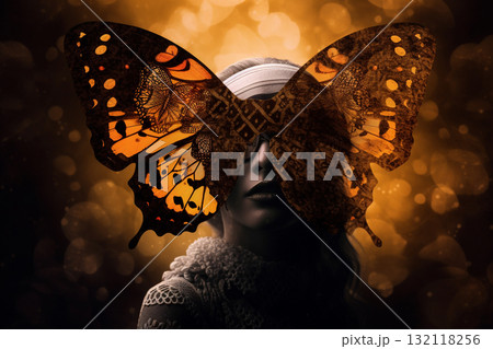 Woman with colorful moth butterfly wings mask. Generative AI 132118256