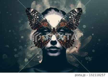 Woman with colorful moth butterfly wings mask. Generative AI 132118257