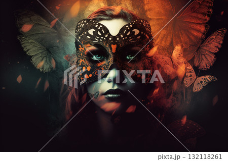 Woman with colorful moth butterfly wings mask. Generative AI Woman with colorful moth butterfly wings mask. Generative AI 132118261