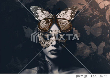 Woman with colorful moth butterfly wings mask. Generative AI 132118262