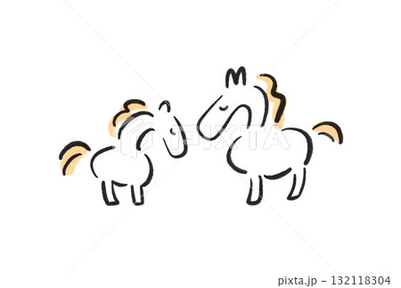 目を閉じて寄り添う二頭の白馬の親子　2026 正月素材・墨絵 132118304