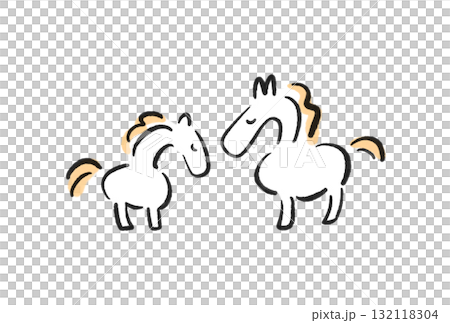 目を閉じて寄り添う二頭の白馬の親子　2026 正月素材・墨絵 132118304