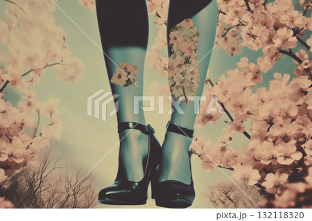 Woman legs with flowers vintage collage. Generative AI Woman legs with flowers vintage collage. Generative AI 132118320