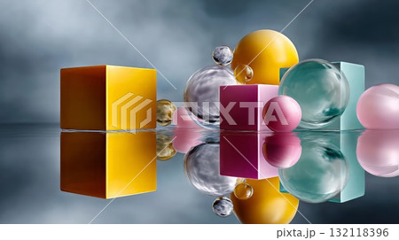 Colorful geometric spheres and cubes creating abstract compositions on a reflective surface, reflecting in calm water and generating a surreal, modern artistic display Colorful geometric spheres and cubes creating abstract compositions on a reflective surface, reflecting in calm water and generating a surreal, modern artistic display 132118396