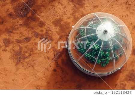 Futuristic dome structure with plants inside in a desert landscape during golden hour lighting 132118427