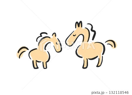 目を閉じて寄り添う二頭の馬の親子　2026 正月素材・墨絵 132118546